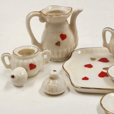 10pcs Miniature Tea Set White Red Heart Chintz Decal Gold Trim 4.5"x3" Taiwan