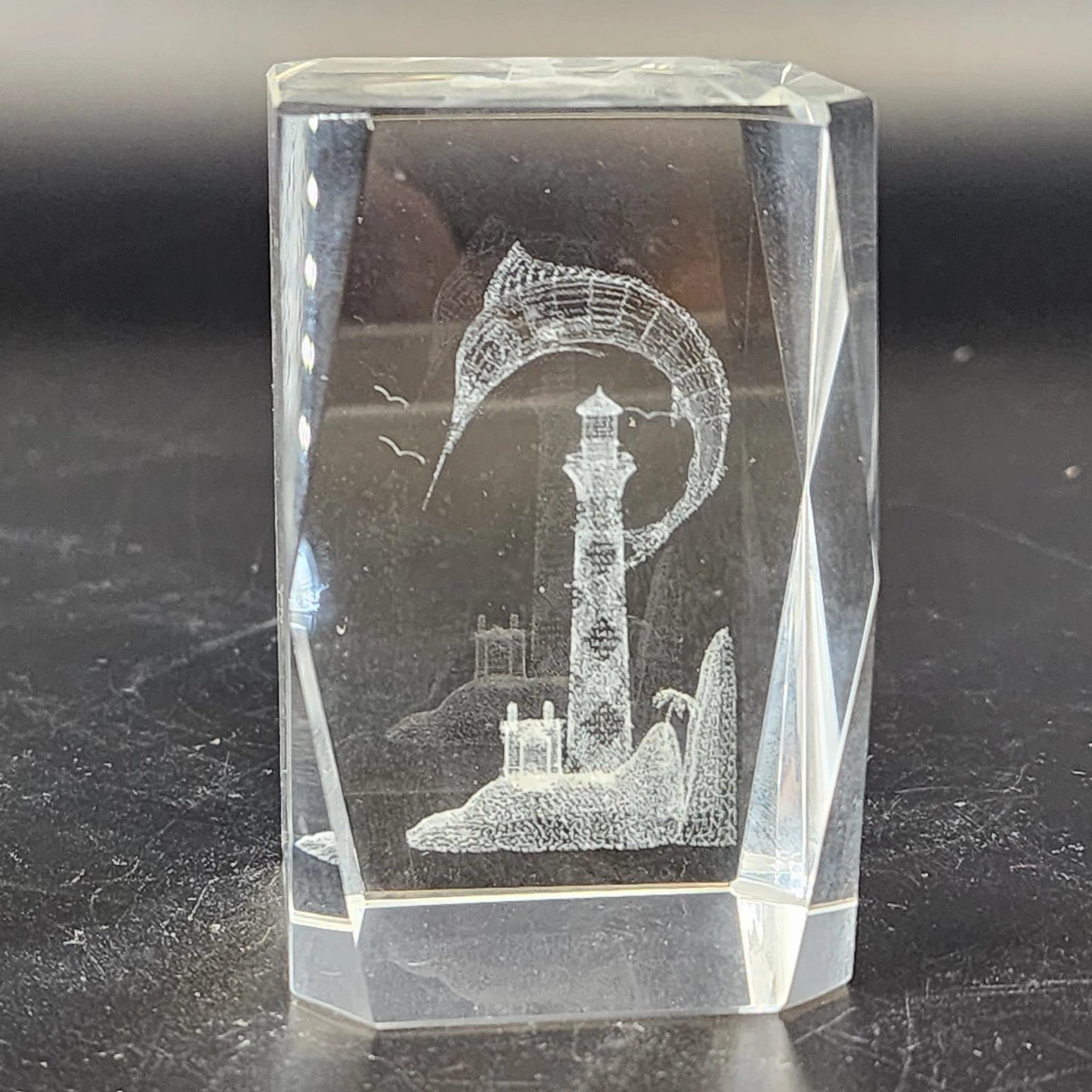 K9 optical crystal paperweight with 3D laser etched lighthouse and leaping marlin
