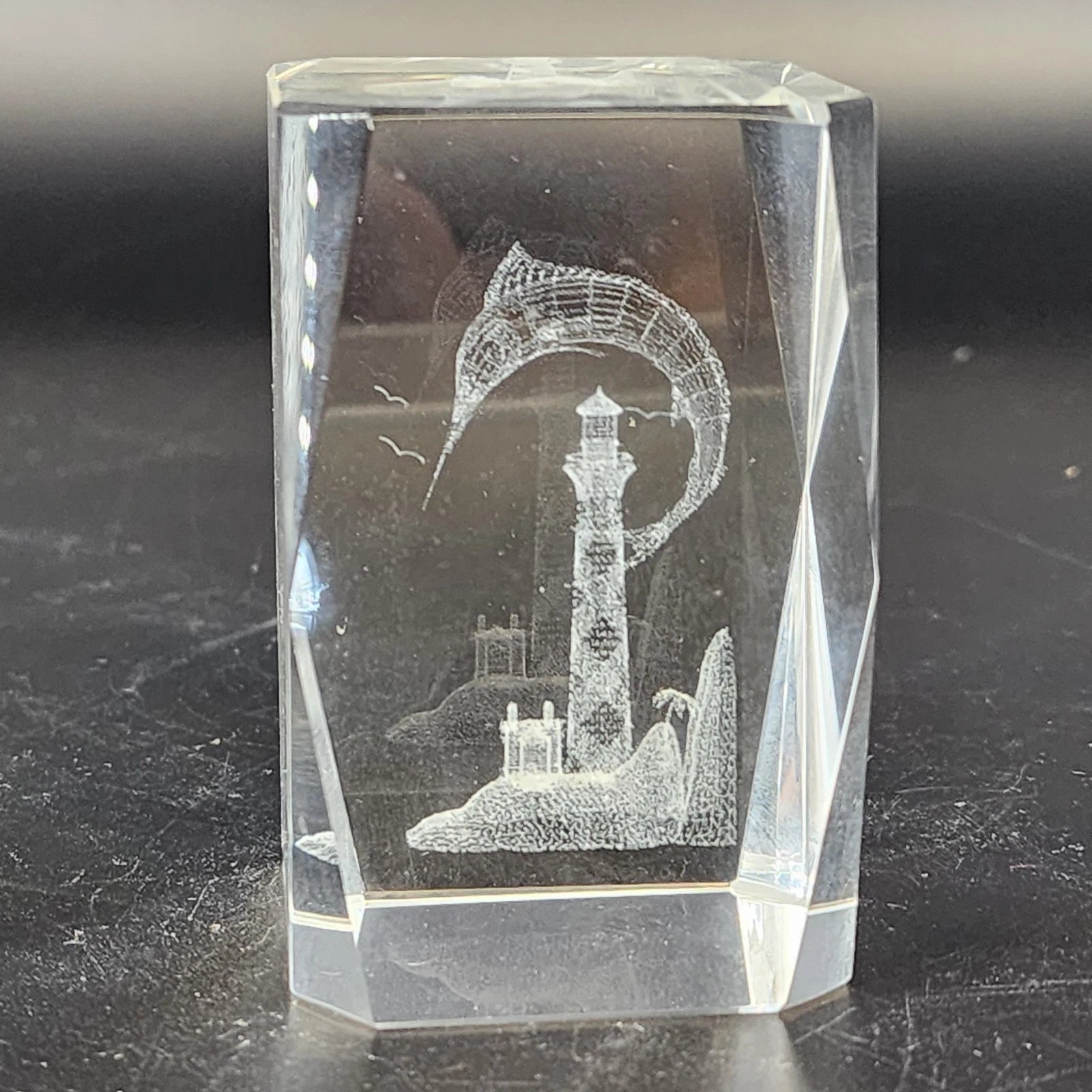 K9 optical crystal paperweight with 3D laser etched lighthouse and leaping marlin