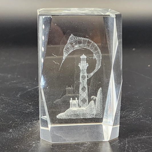 K9 optical crystal paperweight with 3D laser etched lighthouse and leaping marlin