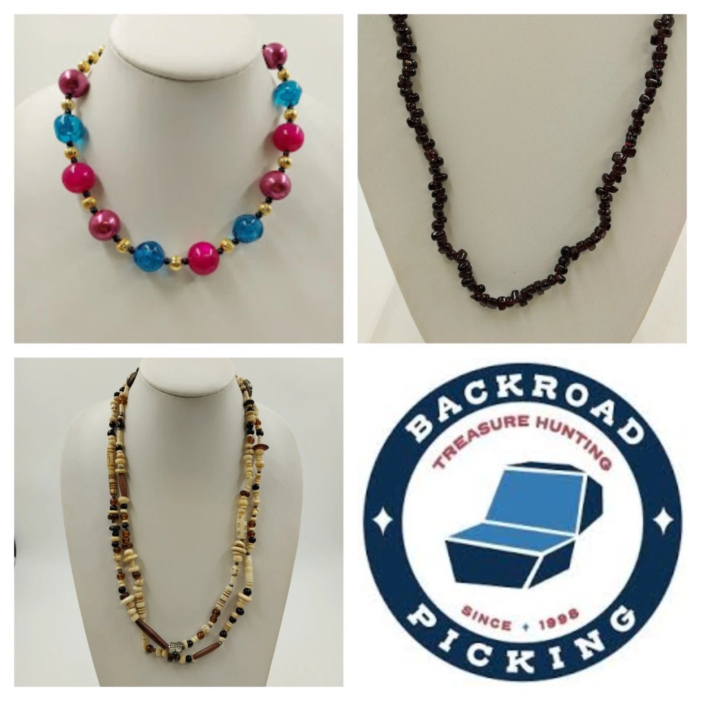 Lot of 3 multicolor beaded necklaces with wood acrylic and stone beads