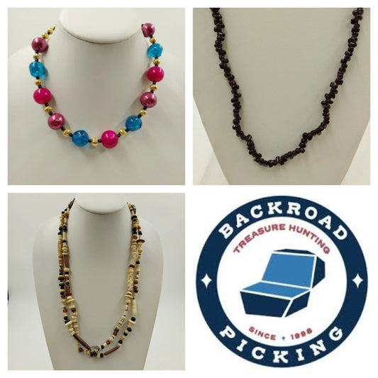 Lot of 3 multicolor beaded necklaces with wood acrylic and stone beads