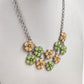 RMN Silver Tone Chain Green Yellow Flowers & Rhinestone Pendant Necklace 10"