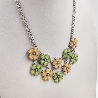 RMN Silver Tone Chain Green Yellow Flowers & Rhinestone Pendant Necklace 10"