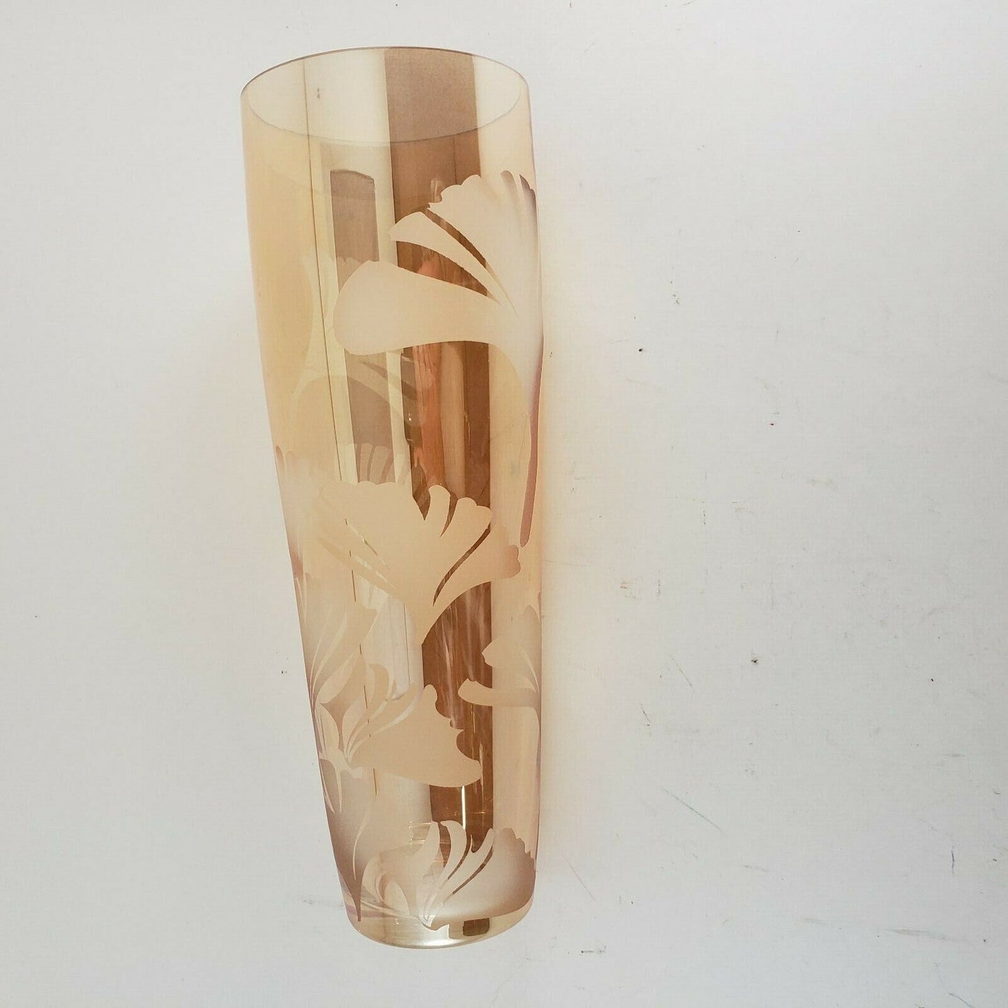 Vintage Peach Lustre Iridescent Glass Vase – 12" Hand-Blown Etched Vase with Ginkgo Leaf Design, Mouth-Blown Collectible Art Glass