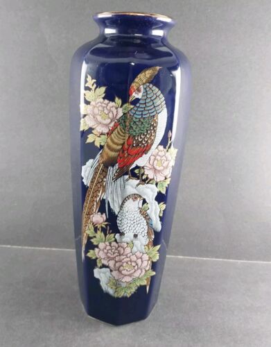 Toyo Kutani Cobalt Blue Vase Japan 10.5" Gold Inlay Peacock Flowers Vintage