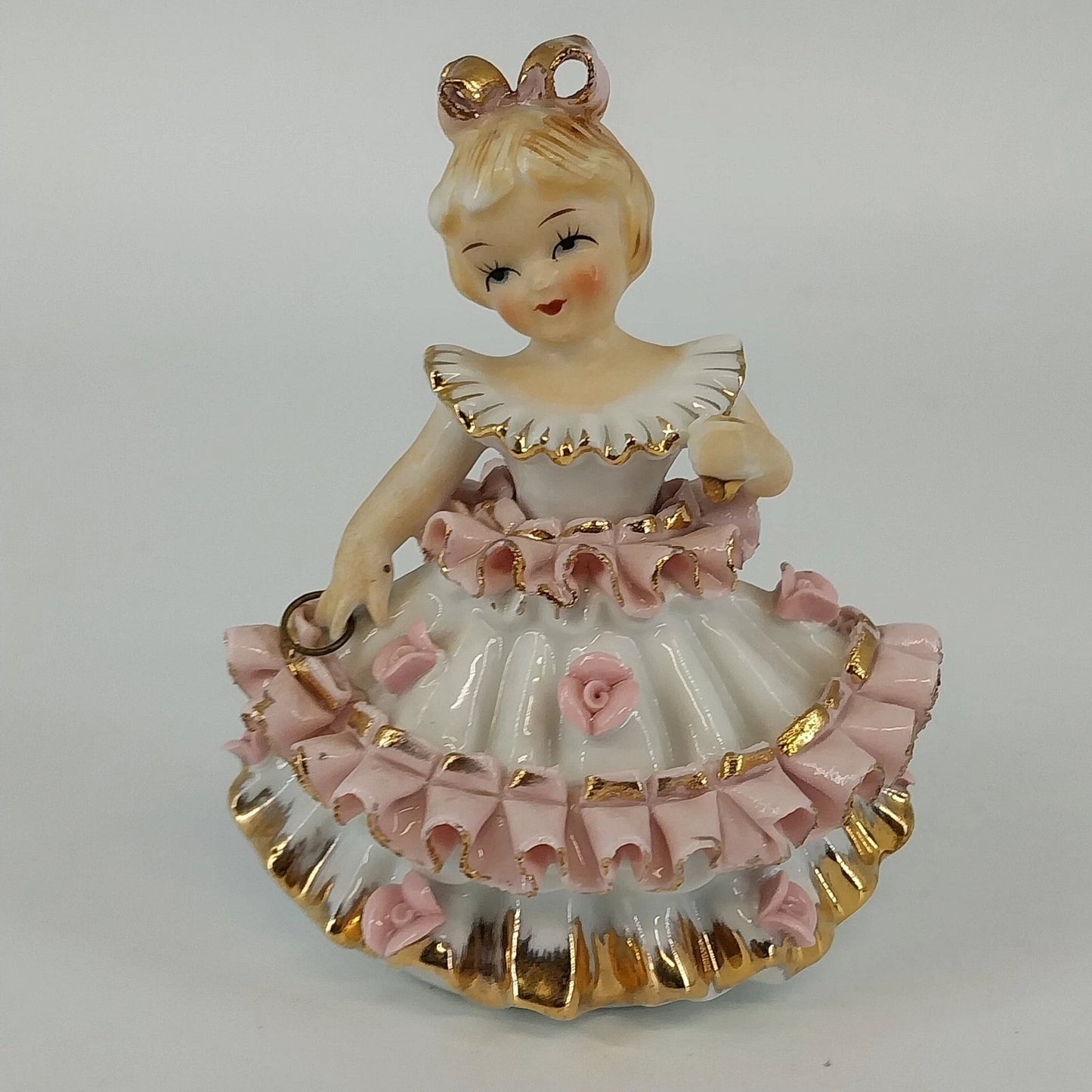 Bloomer Girl Porcelain Figurine Japan White Pink Ruffle Dress with Parasol Top