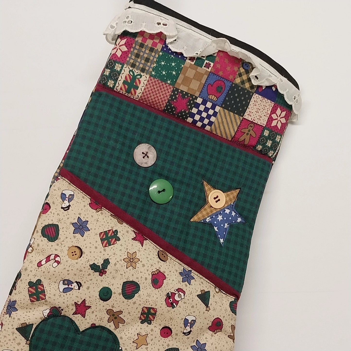 Homespun Holidays Christmas Stocking Patchwork Cotton Heart Lace Button 15" Vtg