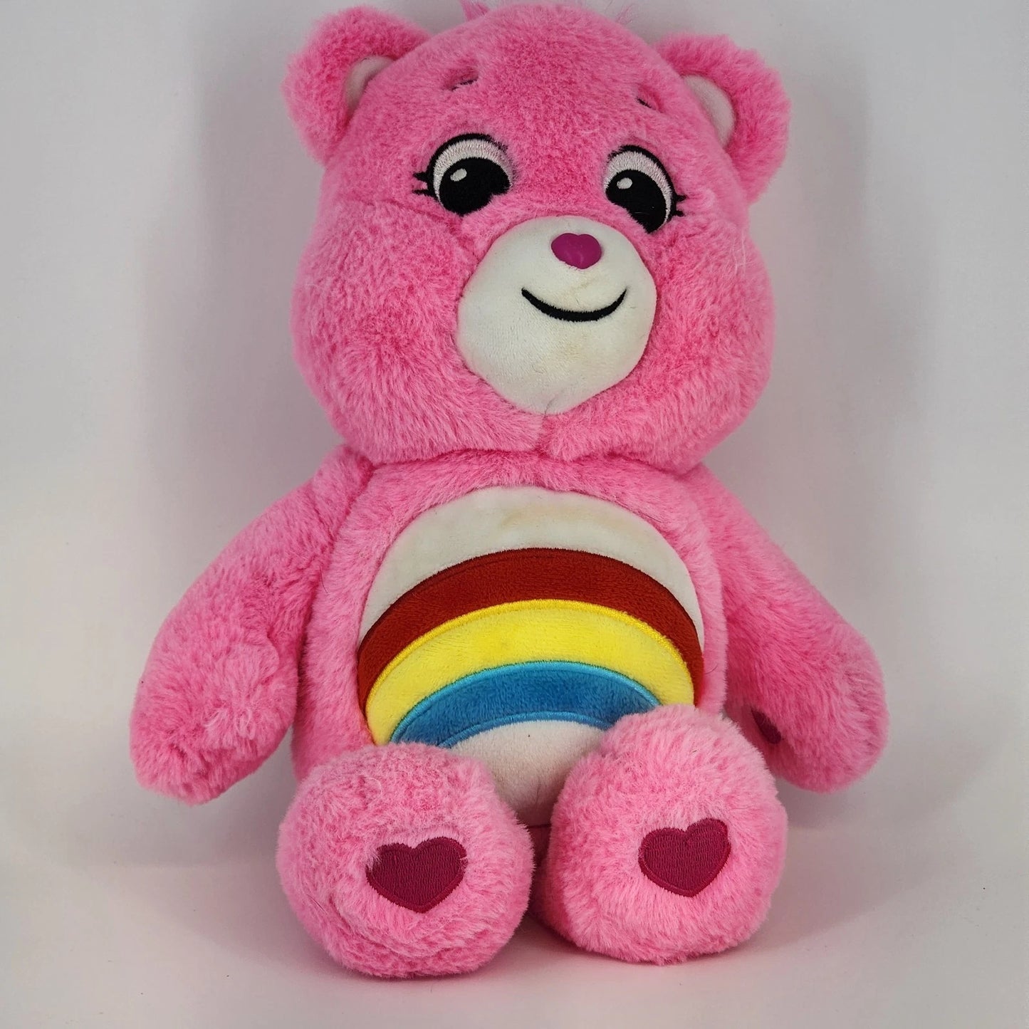 Care Bears Cheer Bear Plush 12" Pink Stuffed Animal Rainbow Belly Badge 2000's