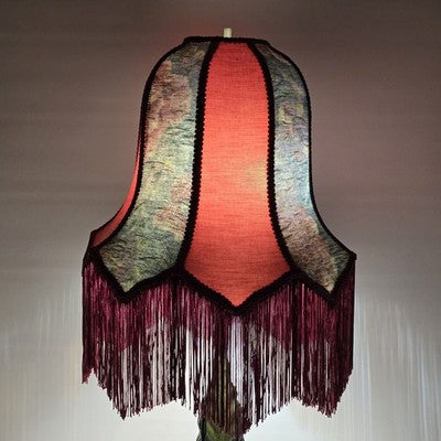 Victorian Bell Shape Fringed Table Lamp Poppy Plant Shape Body 2 Bulbs 30" Tall