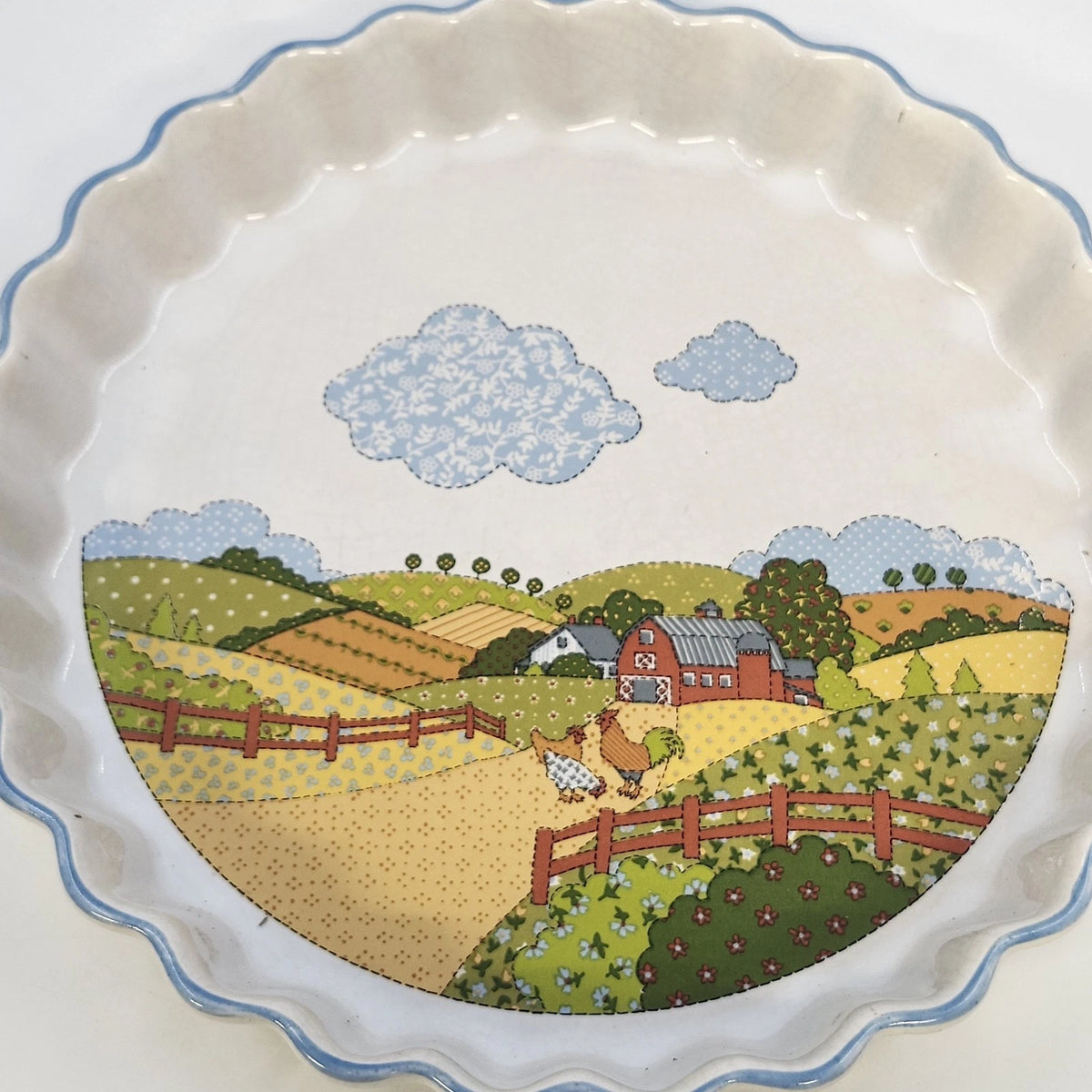 Potpourri Press Quiche Tart Dish Farm Scene Chickens Barn Blue Rim 9.25" Japan