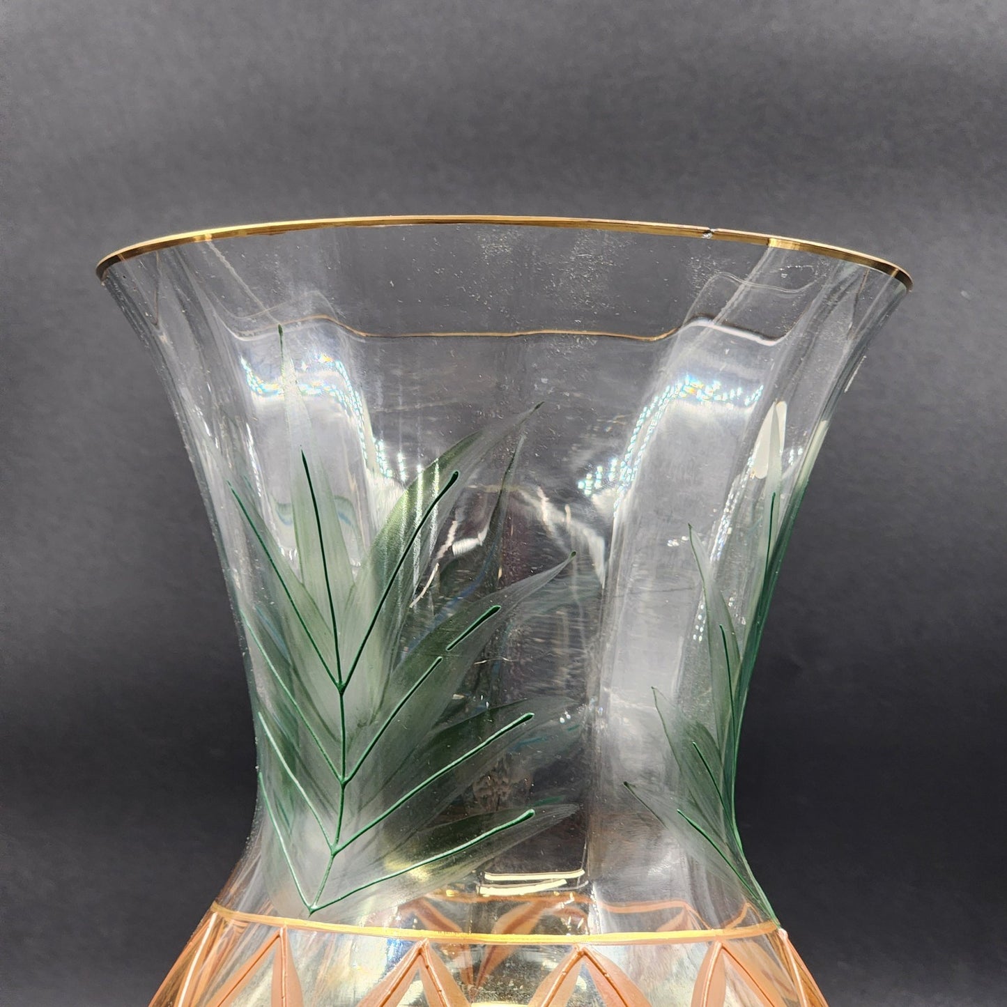 Romanian Vase Clear Crystal Hand Painted Art Glass Pineapple Design Gold Trim