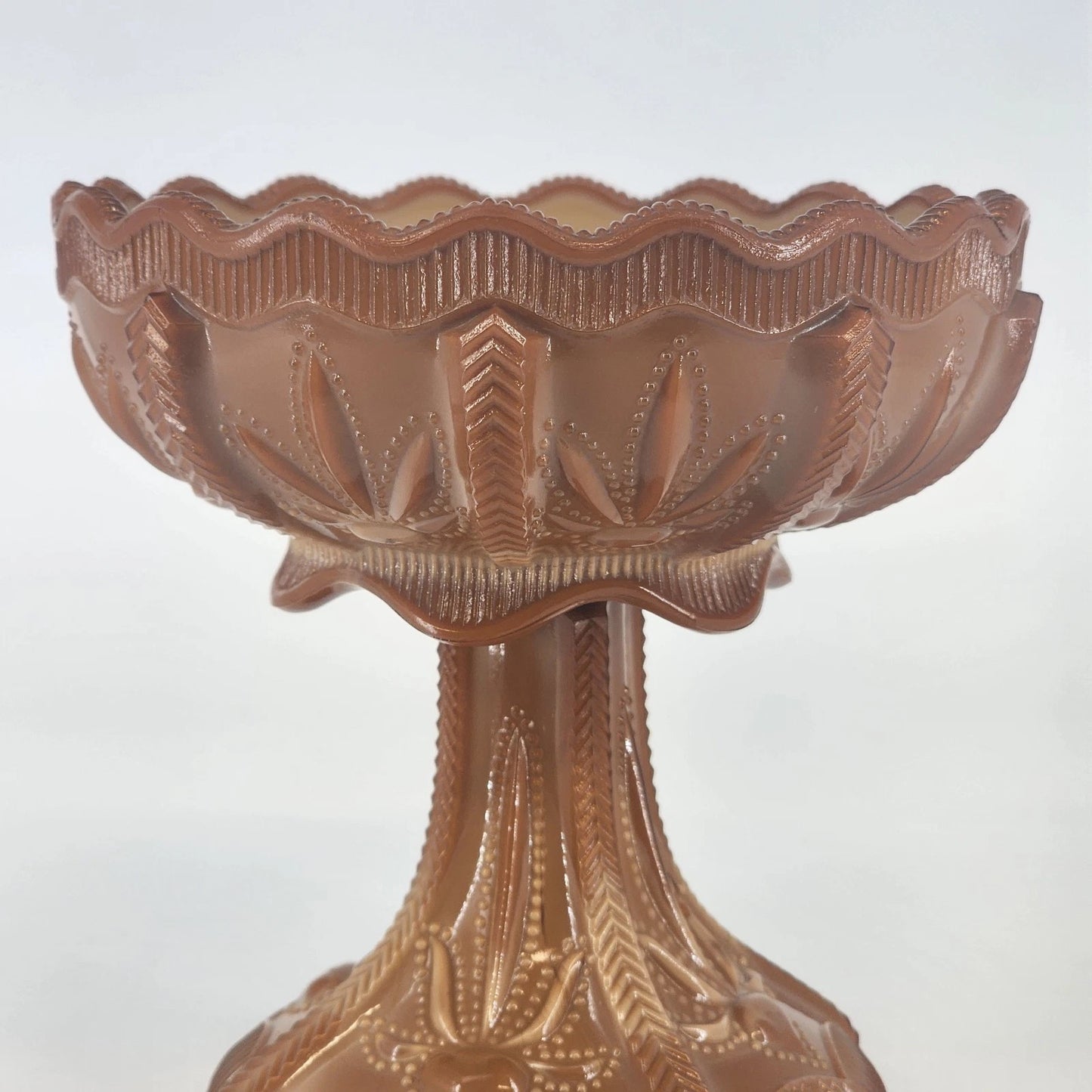 Greentown Chocolate Glass Compote Cactus Pattern Pedestal Scalloped 1890's Vtg