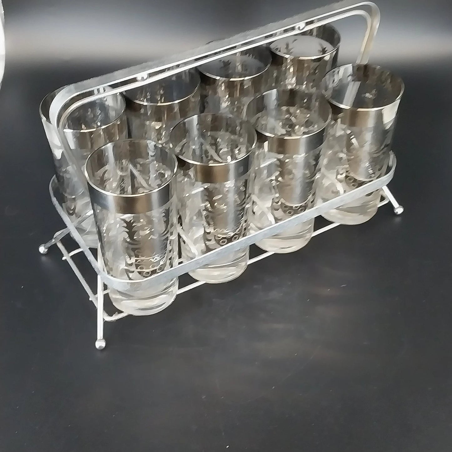 Kimiko Silver Knight Shield Highball Glasses 5.5" Set of 8 Metal Carrier MCM Vtg