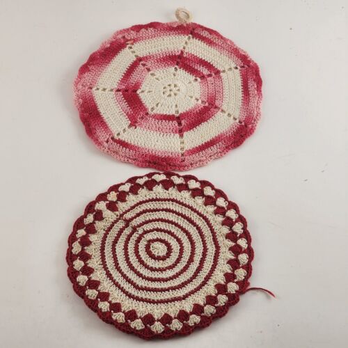 Lot of 2 Round Vintage Hand Crochet Knitted Potholders Red Pink and White