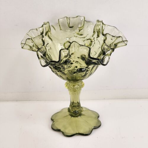 Fenton Ruffled Rim Pedestal Compote Colonial Green Cabbage Rose Pattern 6.5" H