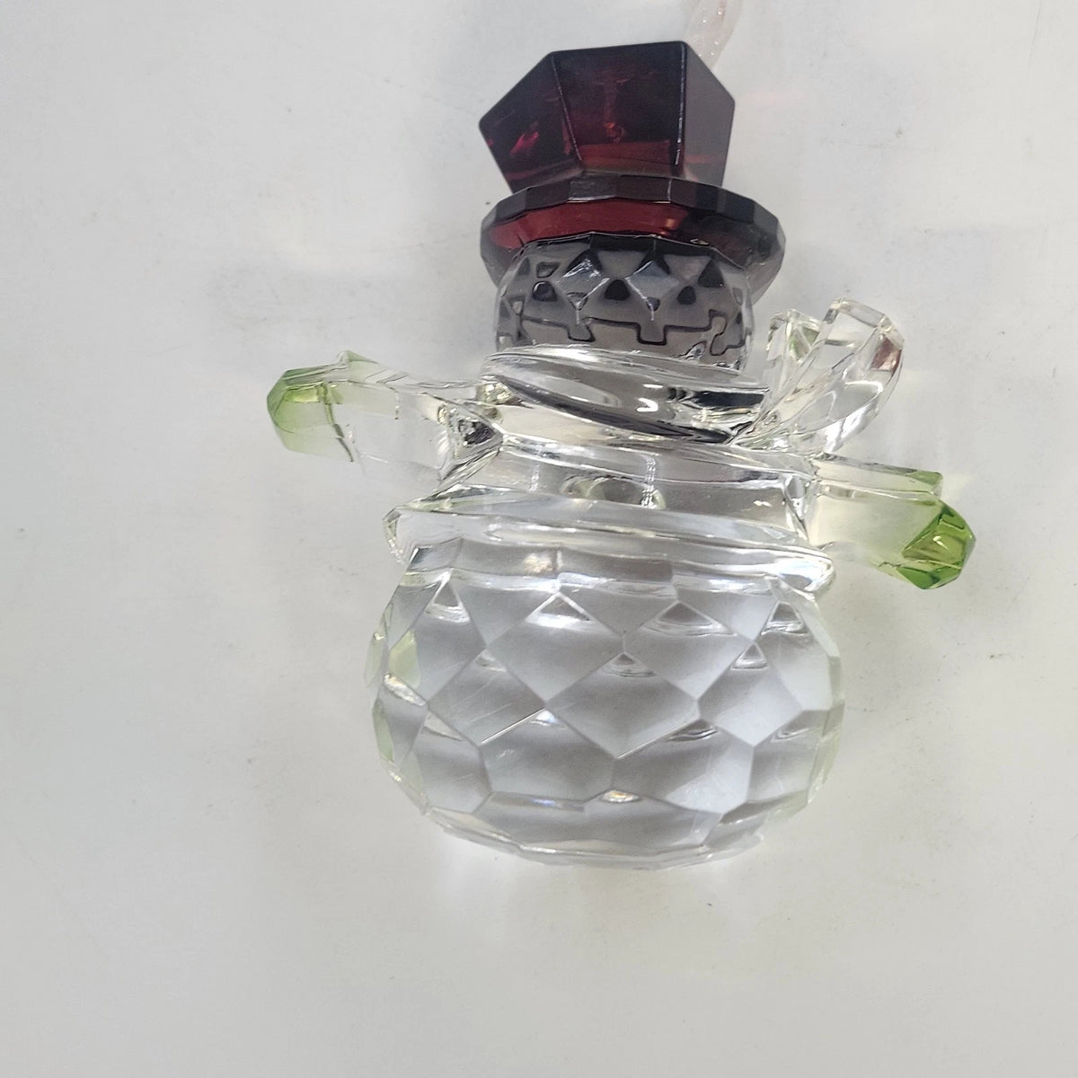Snowman Christmas Ornament 4" Acrylic Clear Faceted w Red Top Hat & Rhinestones