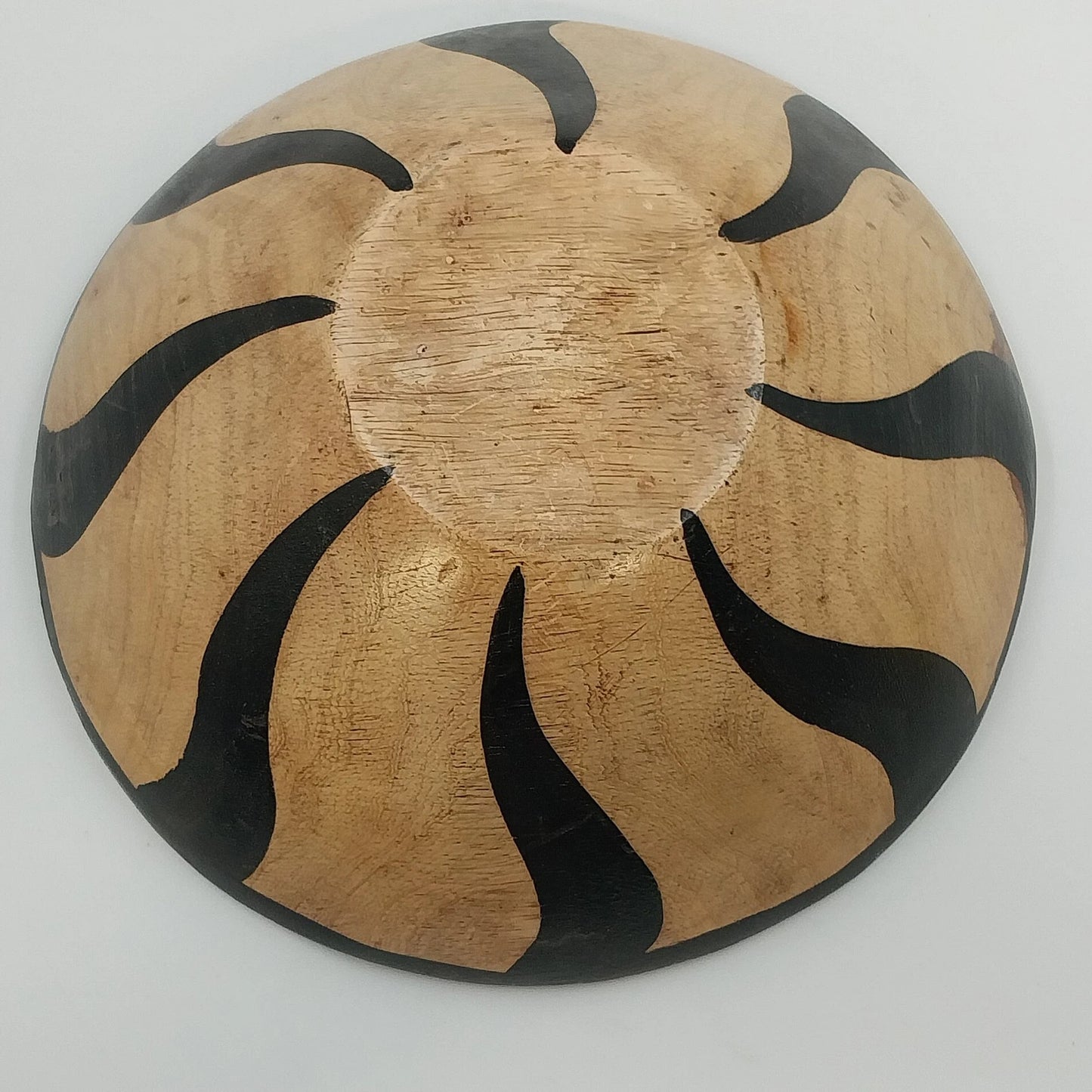 Hand Carved Wooden Bowl 9.25" African Zebra Animal Print Black Tan Varnished Vtg