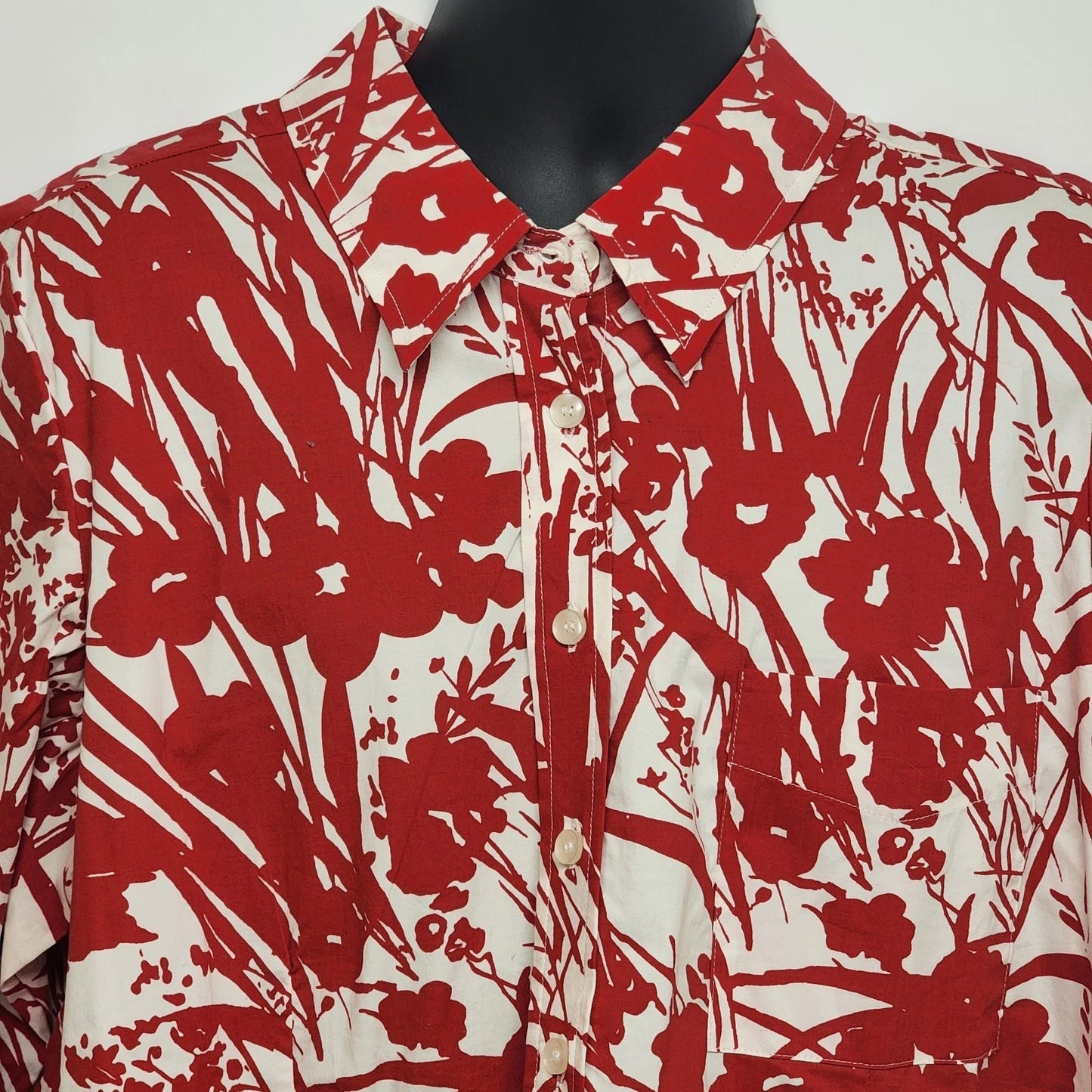 Avenue Stretch Women's Plus 18/20 Red White Tropical Floral Shirt Cotton Button