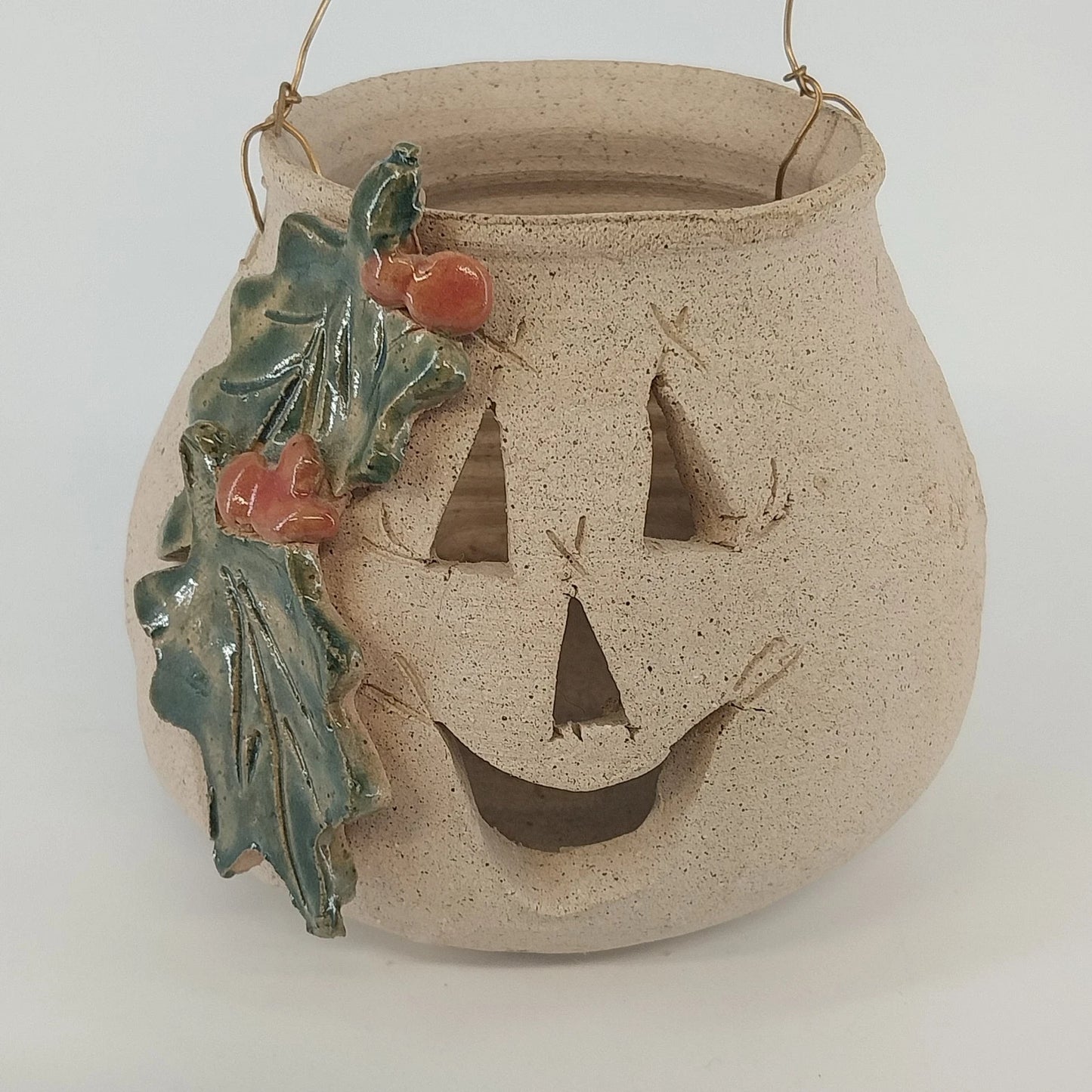 Handmade Studio Pottery Jack O Lantern Holly Candle Luminary 4" Vintage
