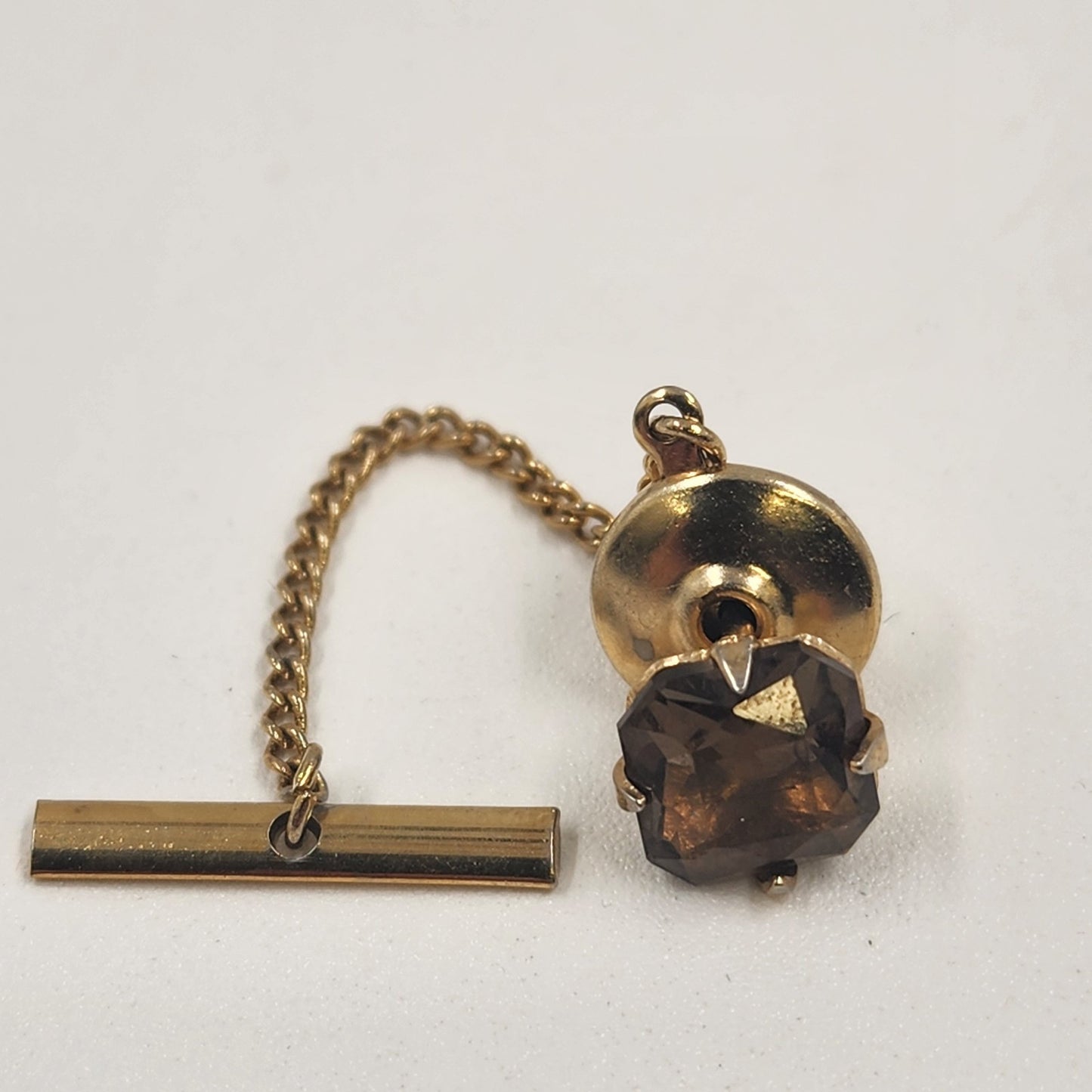 Gold Tone Smoky Brown Rhinestone Stud Quartz Tie Tack 1970s Pin Chain Buttonhole