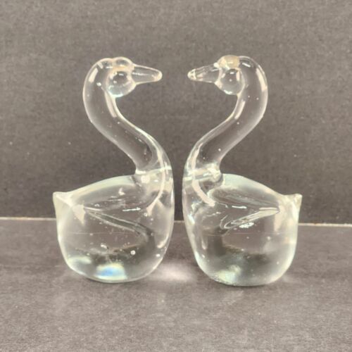 Pair of 4" Clear Glass Swan Figurines Molded Paperweights Vintage