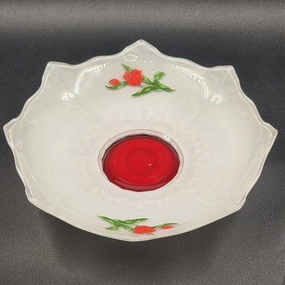 Indiana Glass White Footed Bowl Red Tulips Ruffled Edge Vintage