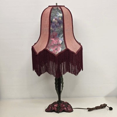 Victorian Bell Shape Fringed Table Lamp Poppy Plant Shape Body 2 Bulbs 30" Tall