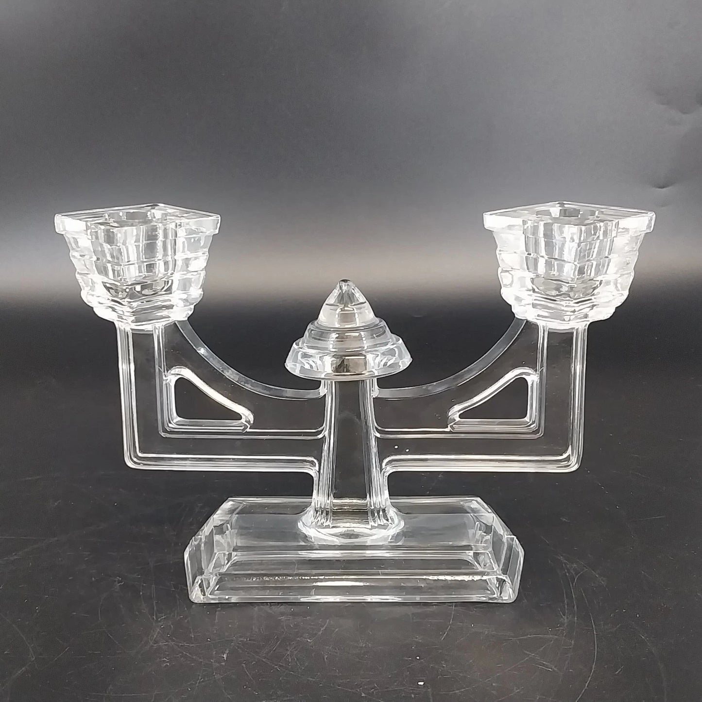 New Martinsville Art Deco Clear Glass Double Candle Holder Candelabra Vtg