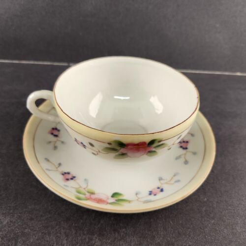 TT Triangle 4 Cup & Saucer Sets Pink & Yellow Roses Antique Japan 1 Cup Chipped