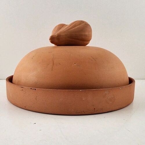 Terra Cotta Garlic Baker Ceramic Dish & Cover Glazed Cook Surface Bisque Finish