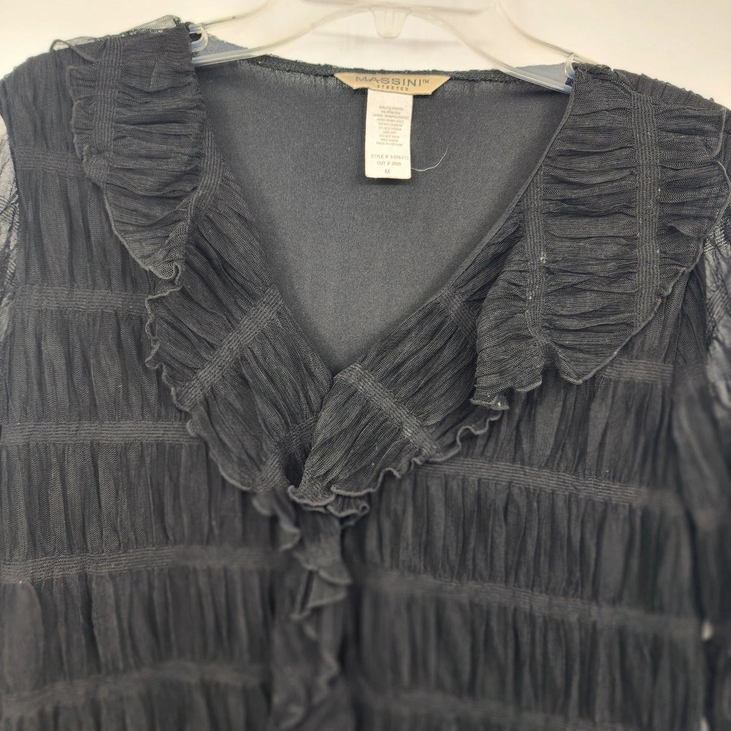 Massini Women's Black Lace Blouse Medium Sheer V Neck Top
