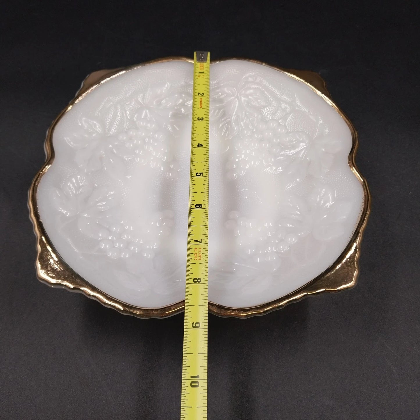 Anchor Hocking Milk Glass Serving Bowl Raised Grape & Leaf Motif Gold Trim 8.5"