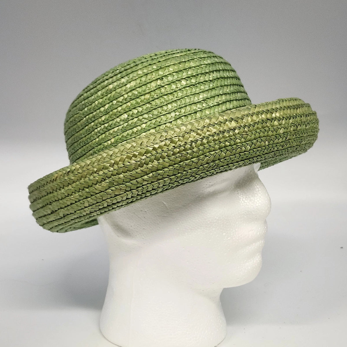 Green Natural Straw Sun Hat Women Rolled Brim Braided Round Crown Summer Garden