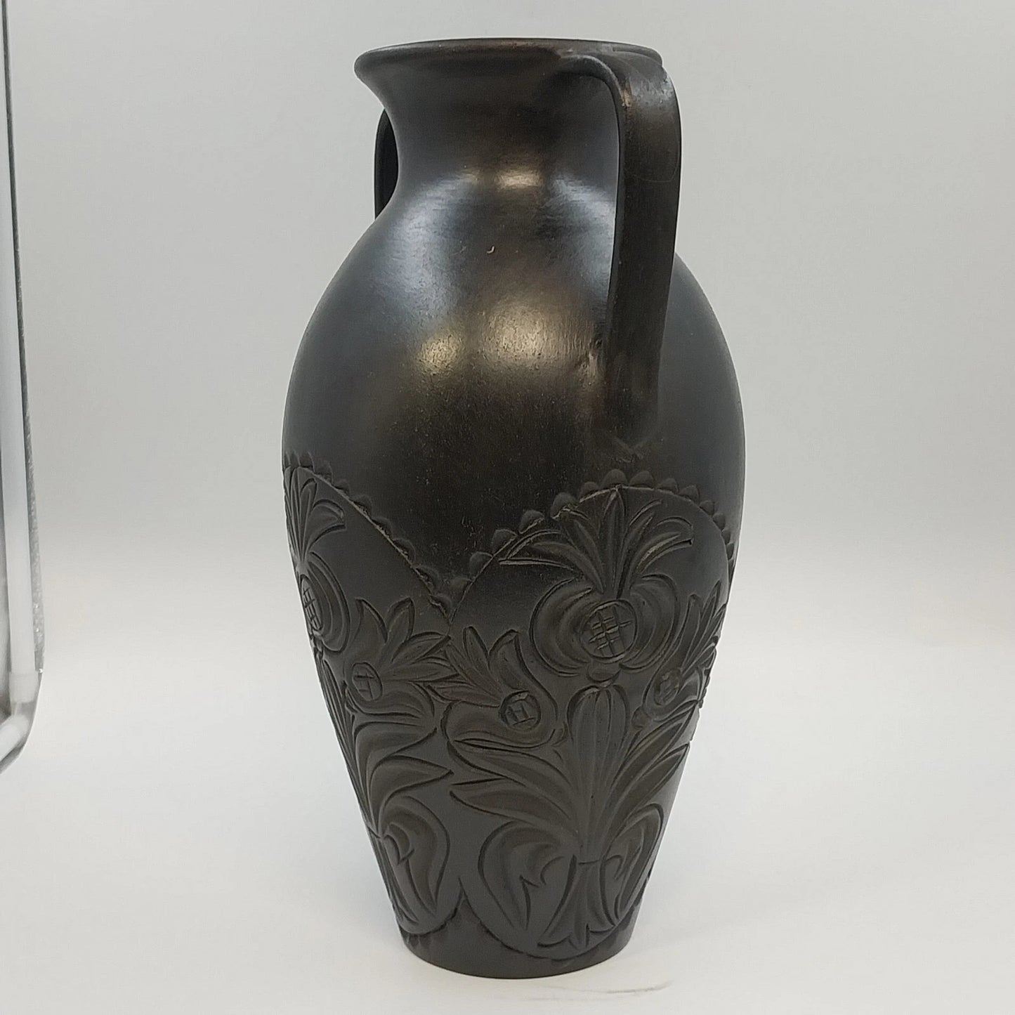 Black Pottery Vase Incised Floral Double Handle Amphora Urn 14" Unmarked