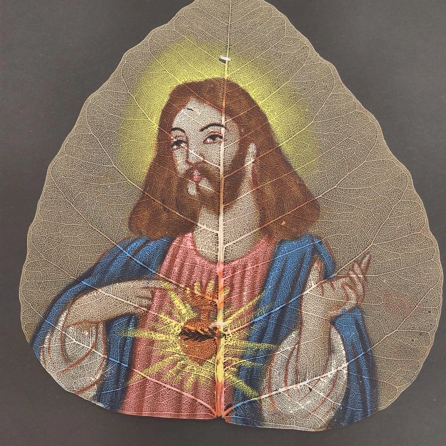 Sacred Heart of Jesus Peepal Leaf Painting Hand Painted Skeleton 6.5" Unframed