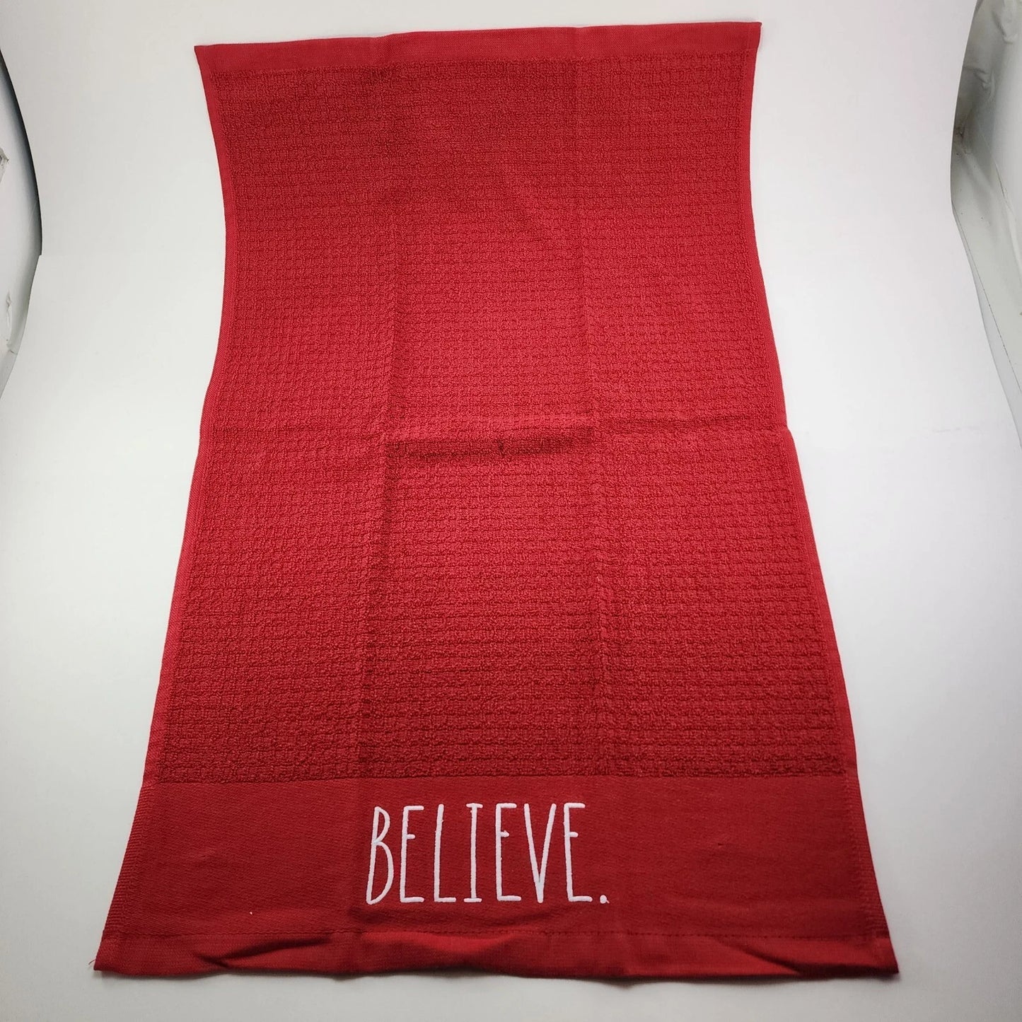 3 Rae Dunn Christmas Red Kitchen Towel Embroidered Peace Joy Believe 100% Cotton
