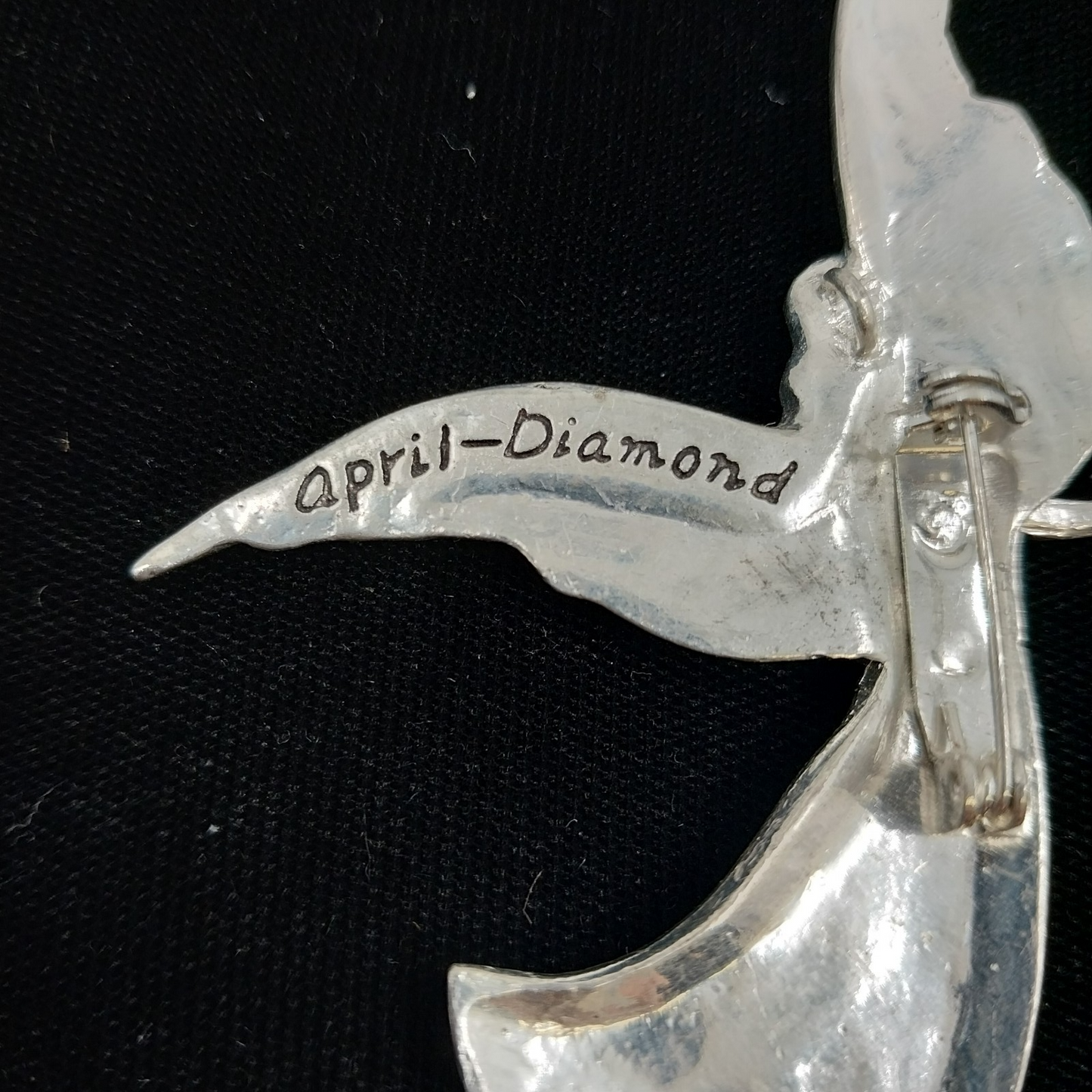 Metal Pewter Angel Brooch Pendant April Birthstone Diamond Crystal 3"Pin Vintage