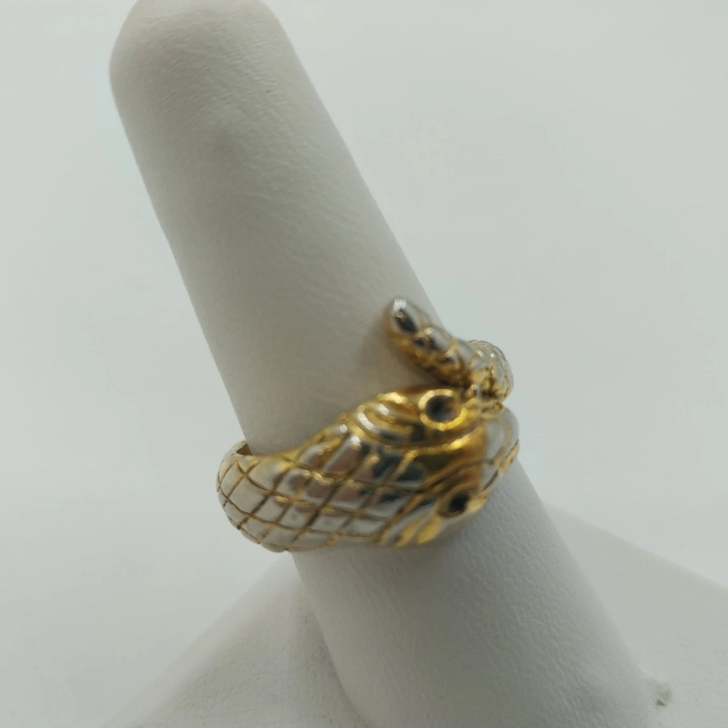 Gold Tone Snake Wrap Bypass Ring Textured Serpent Black Eyes Size 8 Jewelry