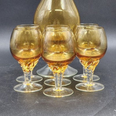 Italian Amber Glass Decanter & 6 Cordials Twisted Stems Clear Handle Vtg Elegant