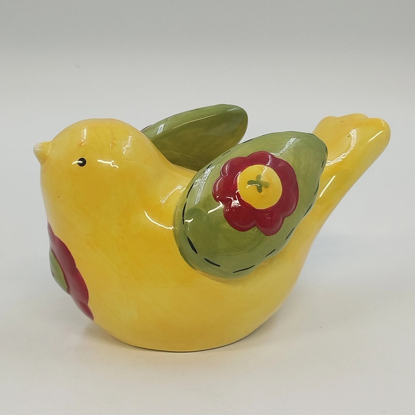 Whimsical Yellow Ceramic Bird Figurine Floral Folk Art Home Decor 7" Farmhouse