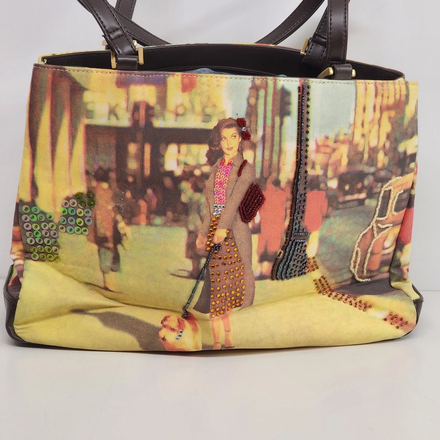 Artisan Canvas and Leather Tote Bag Lady on Boardwalk Graphic Art Purse Unique