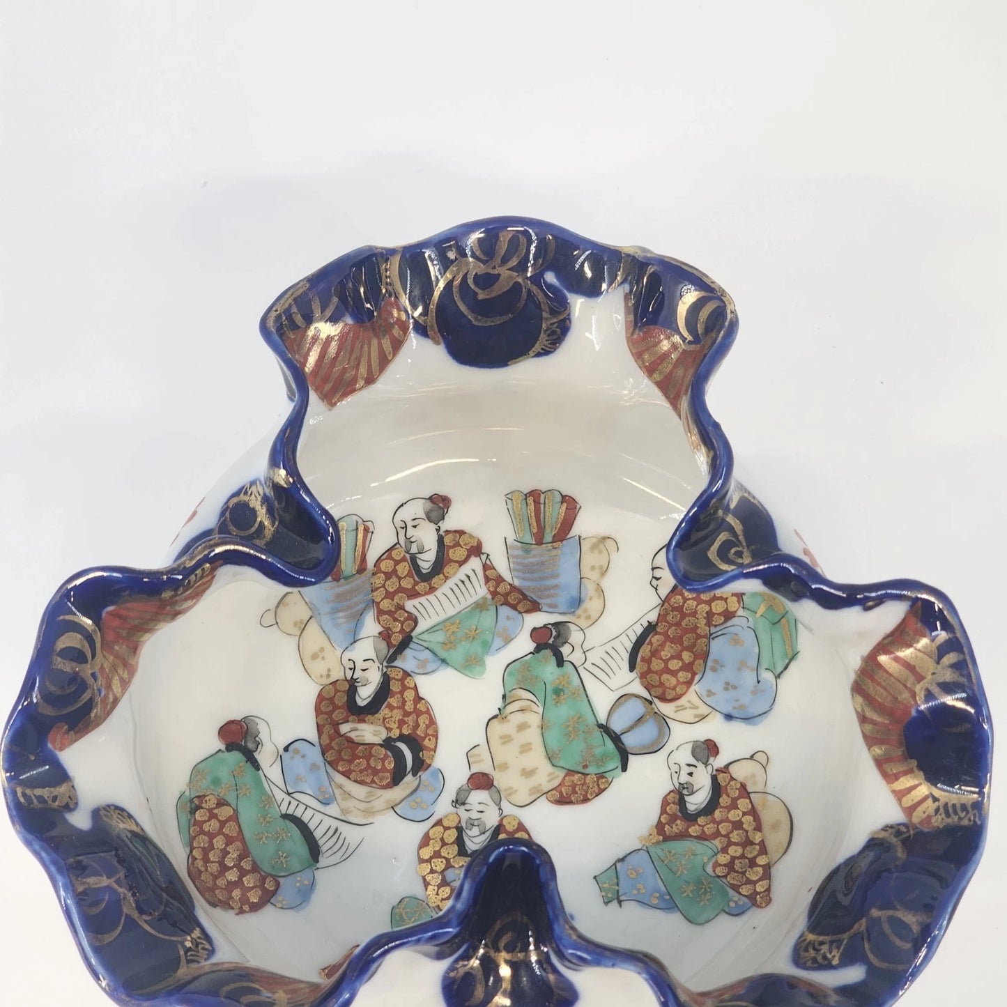 Japanese Imari Porcelain Ruffled Bowl 6" Cobalt Blue & Gold Gilt Floral Vintage