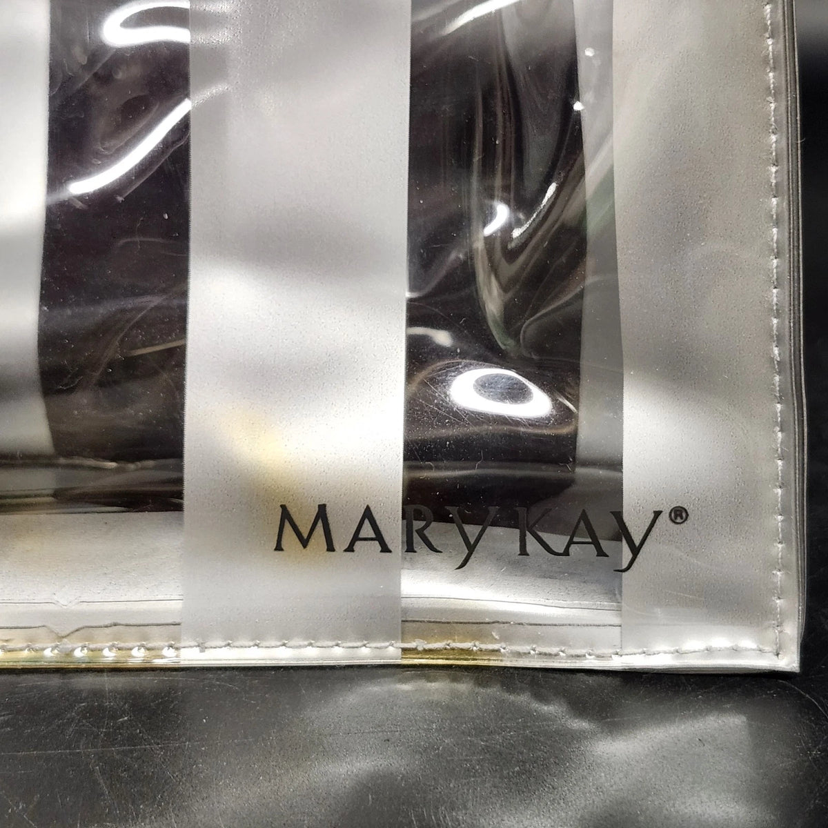 Mary Kay Clear Mini Tote Bag Silver Stripe Vinyl PVC Cosmetic Gift Bag 8"