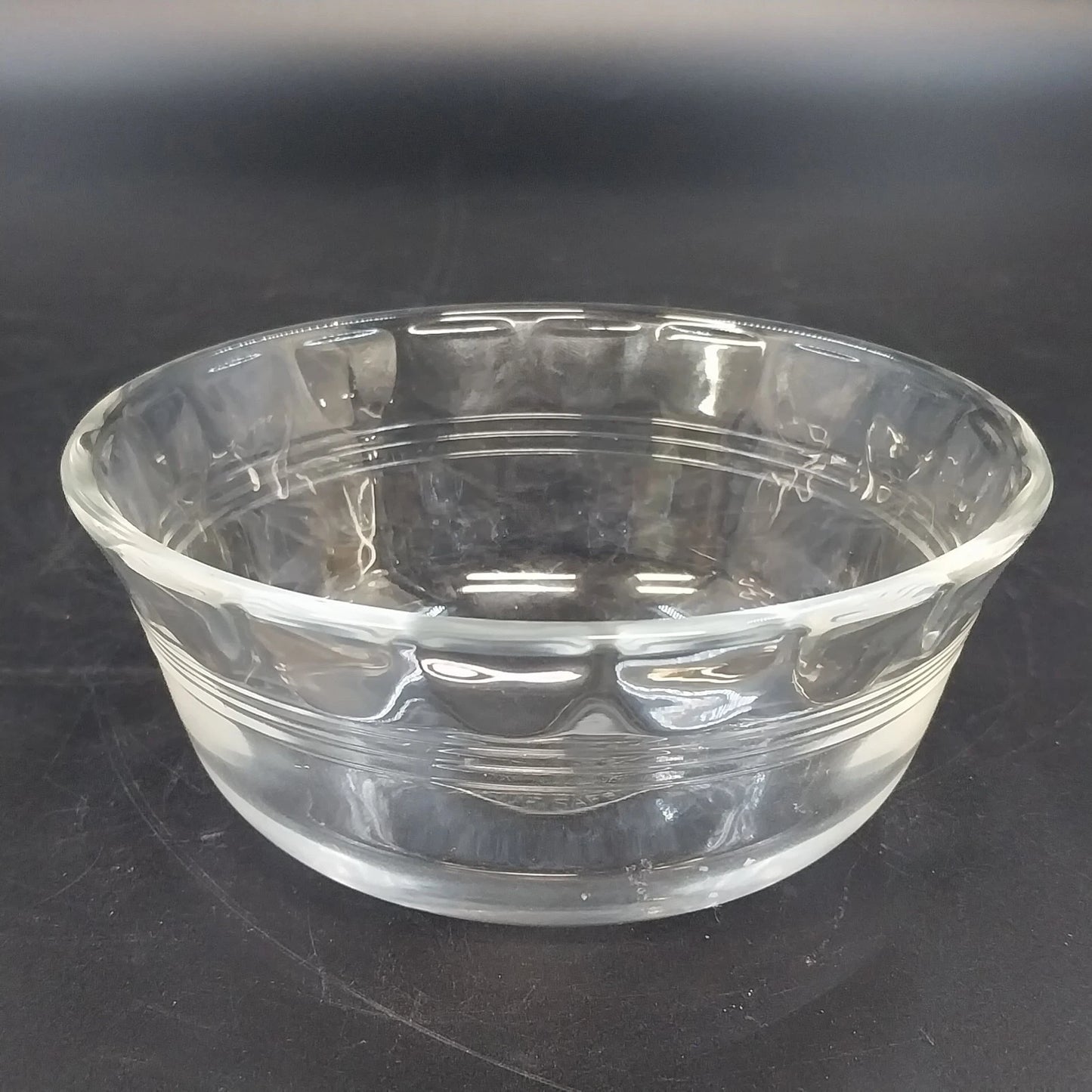 Pyrex 464 Clear Glass Custard Baking Bowls 4 Pcs Scalloped 3 Ring 10 oz USA Vtg