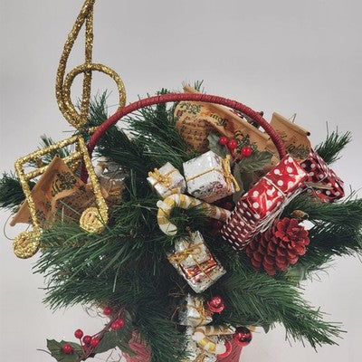 Pine Basket Christmas Centerpiece 15" Pinecone Greenery w Gifts & Music Symbols