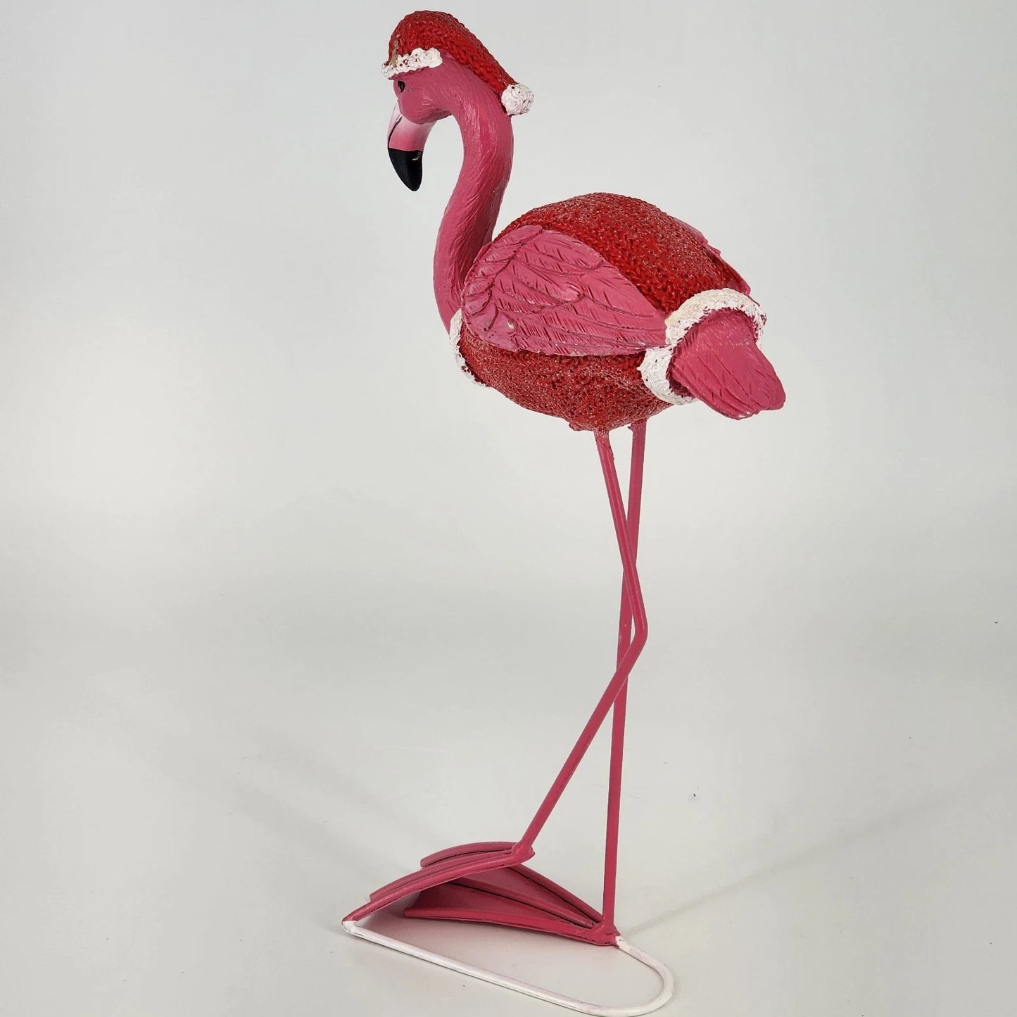 Christmas Flamingo Figurine 11" Resin & Wire Pink Holiday Decor Knit Coat & Hat