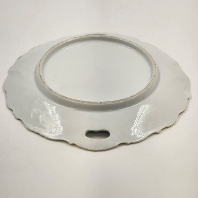 White Porcelain Platter Purple Floral Scalloped Edge Handles 9.5"