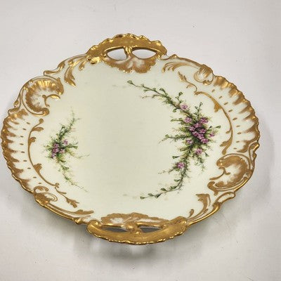 Limoges France 10.5" Round Platter Hand Decorated Floral Gold Trim Handle