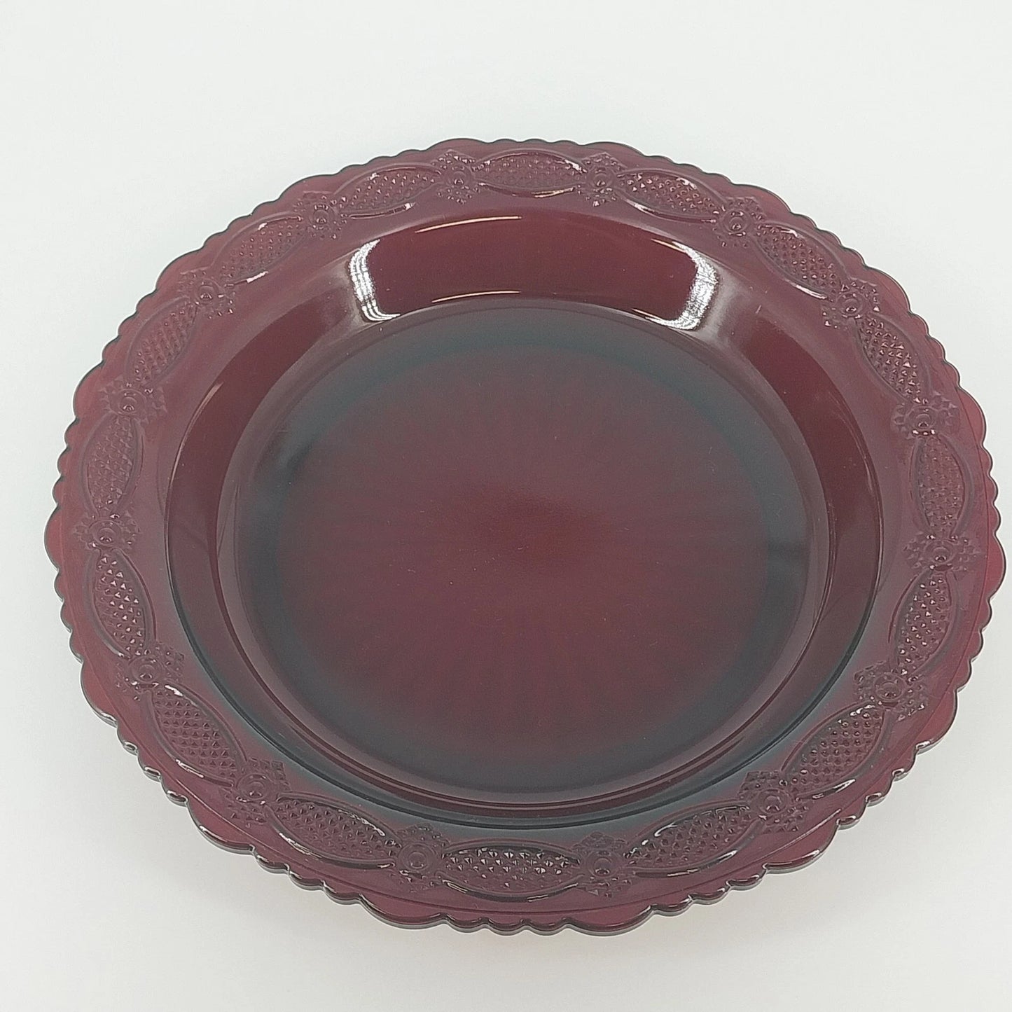 Avon Cape Cod Ruby Red Glass Pie Plate Scalloped Serving Dish 10.75" Rosette Vtg